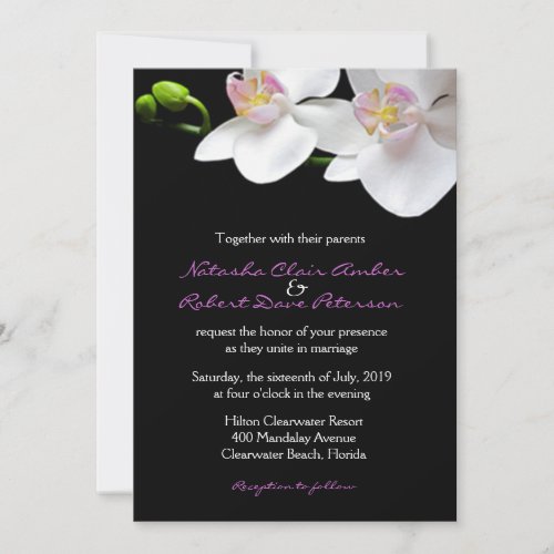 White Pink Orchids on Black WeddingAny_Occasion Invitation