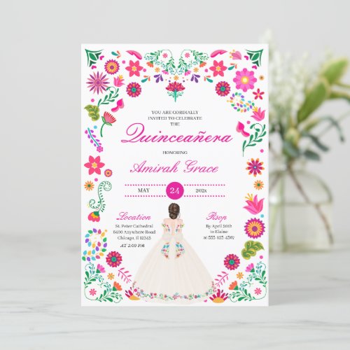 White Pink Otomi Embroidery Quinceaera Invitation