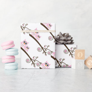 White & Pink Owl Theme Party Wrapping Paper