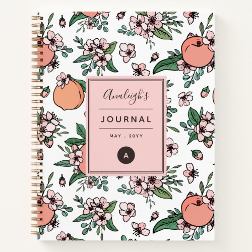 White Pink Peaches  Peach Blossom Monogrammed Notebook