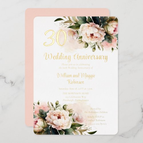 White Pink Peonies 30th Wedding Anniversary Party Foil Invitation