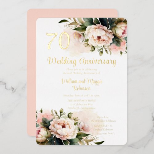 White Pink Peonies 70th Wedding Anniversary Party Foil Invitation