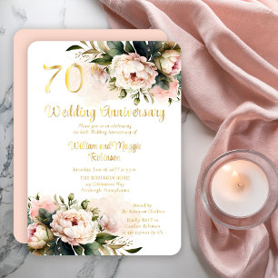 White Pink Peonies 70th Wedding Anniversary Party Foil Invitation