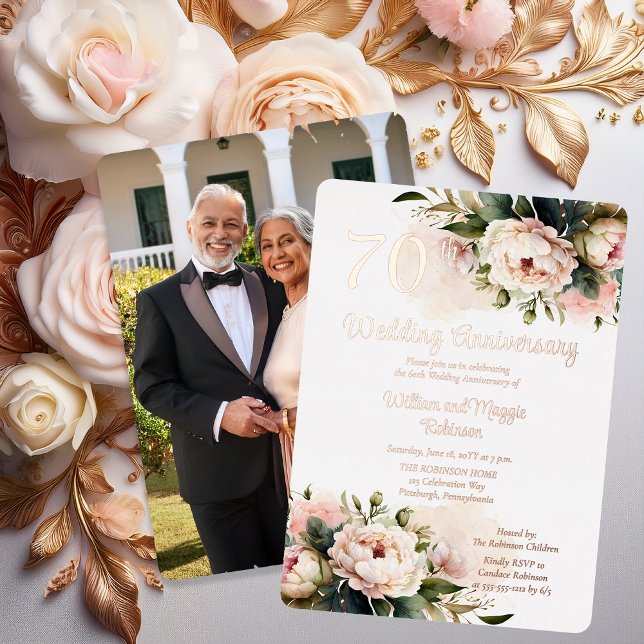 White |Pink Peonies 70th Wedding Anniversary Party Foil Invitation (Elegant White and Pink Peonies 70th Wedding Anniversary Party Rose Gold Foil Invitation - Print Only)