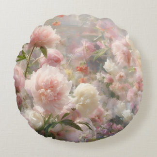 White & Pink Peonies Watercolor Painting Round Pillow