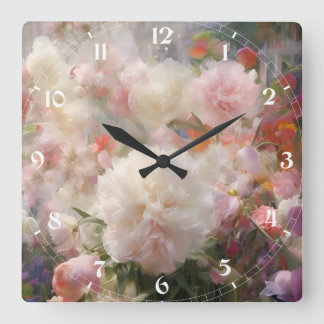 White & Pink Peonies Watercolor Painting Square Wall Clock