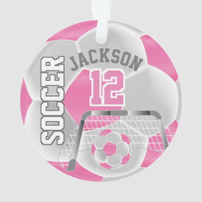 White & Pink Personalize Soccer  ⚽ Ornament (Back)