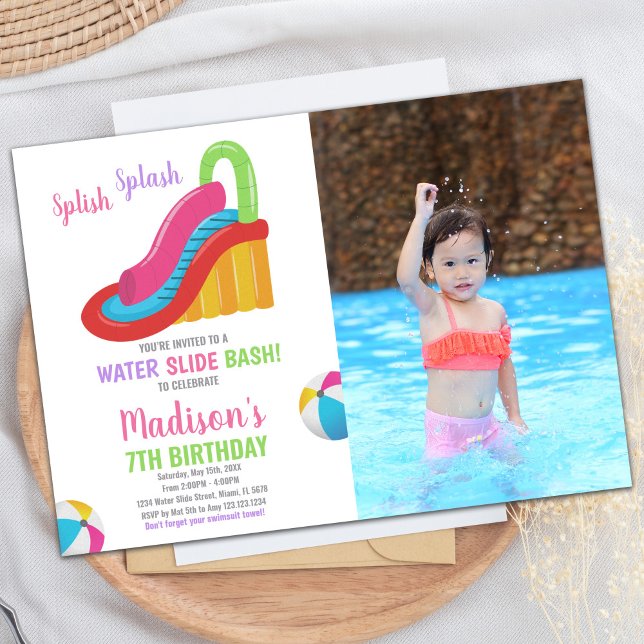 White Pink Photo Water Slide Birthday Invitations (White Pink Photo Water Slide Birthday Invitations)