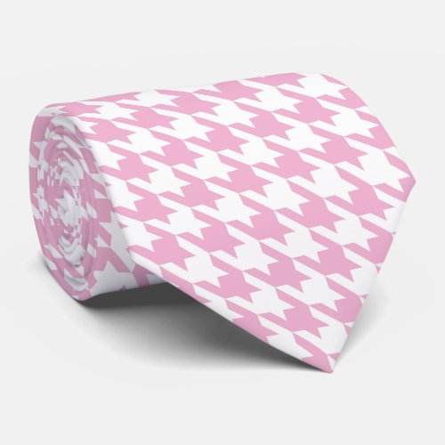 White Pink Pied de Poule Houndstooth Neck Tie