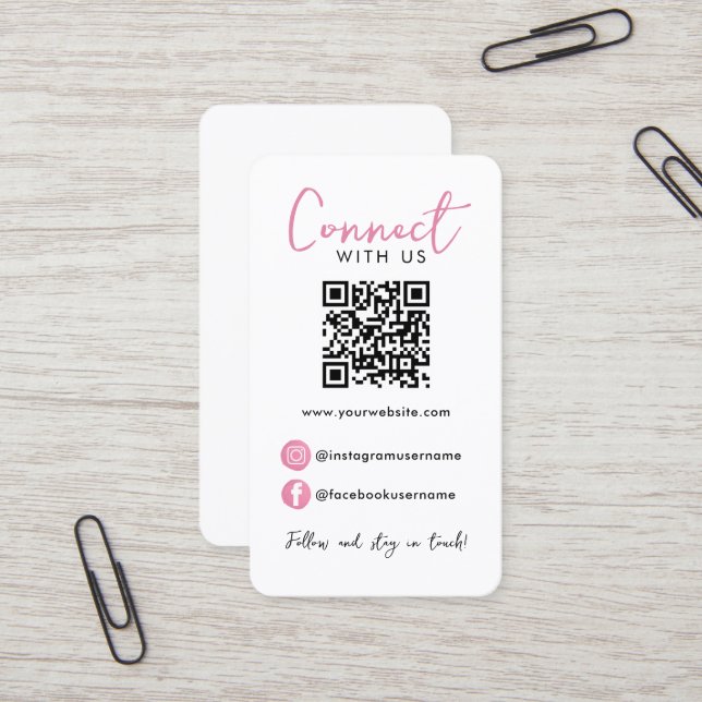 White Pink Professional QR Code Connect With Us Business Card (Front/Back In Situ)