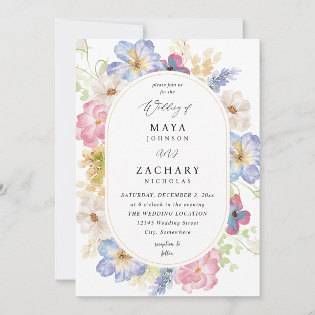 White Pink & Purple Floral Wedding V-DL Invitation (Front)
