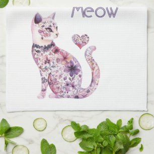 White Pink Purple Hearts Floral Cat Birthday Kitchen Towel