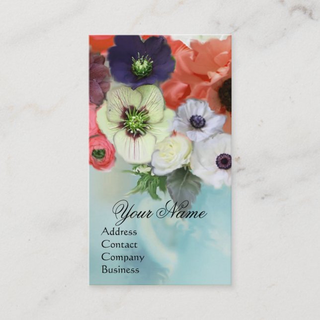 WHITE PINK RED ROSES AND ANEMONE FLOWERS MONOGRAM BUSINESS CARD (Front)