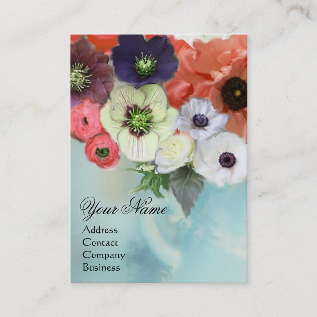 WHITE PINK RED ROSES AND ANEMONE FLOWERS MONOGRAM BUSINESS CARD (Front)