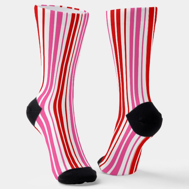 White Pink Red Vertical Stripes Design   Socks (Angled)