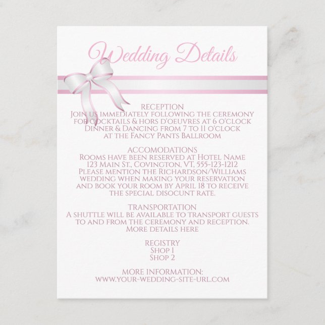 White & Pink Ribbon Wedding Details Enclosure Card (Front)