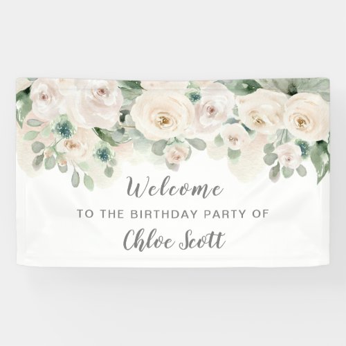 White Pink Rose Floral Birthday Party Welcome Banner