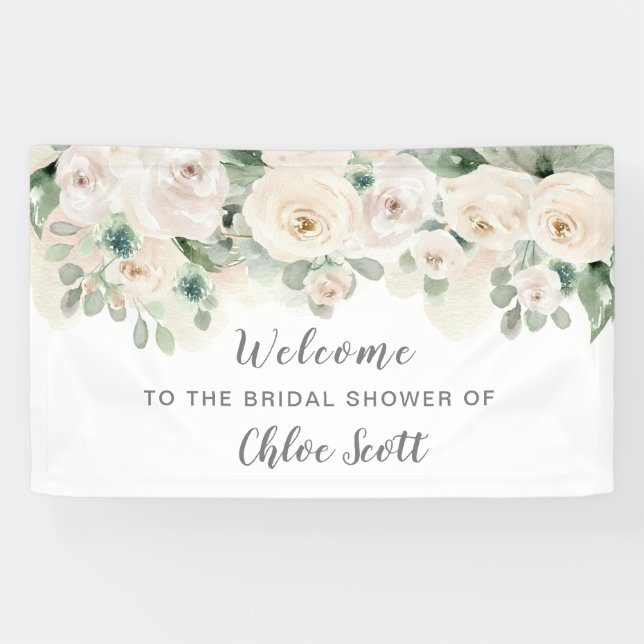 White Pink Rose Floral Bridal Shower Welcome Banner (Horizontal)