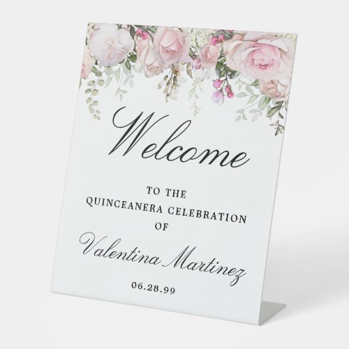 White Pink Rose Floral Quinceanera Welcome Pedestal Sign