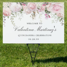White Pink Rose Floral Quinceanera Welcome Yard Sign