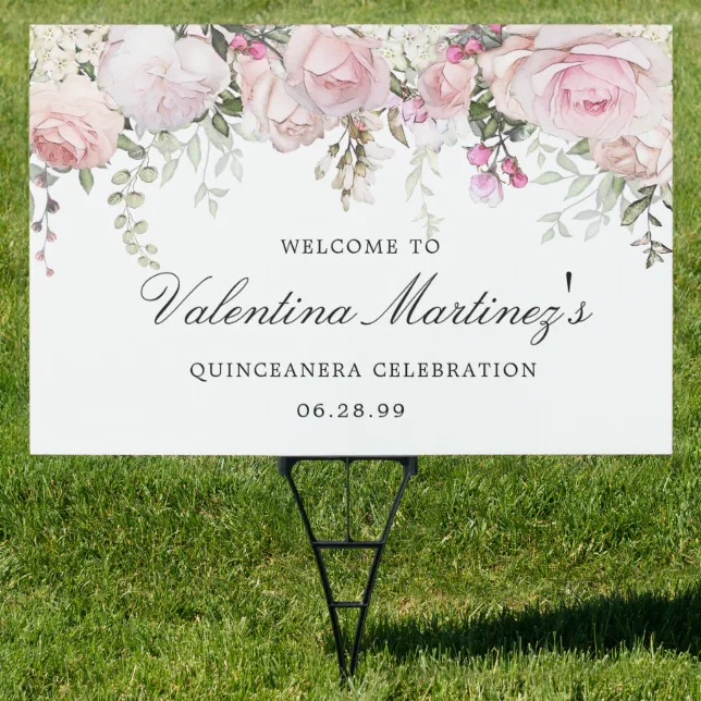 White Pink Rose Floral Quinceanera Yard Sign Zazzle