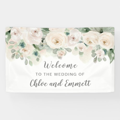 White Pink Rose Floral Wedding Welcome Banner