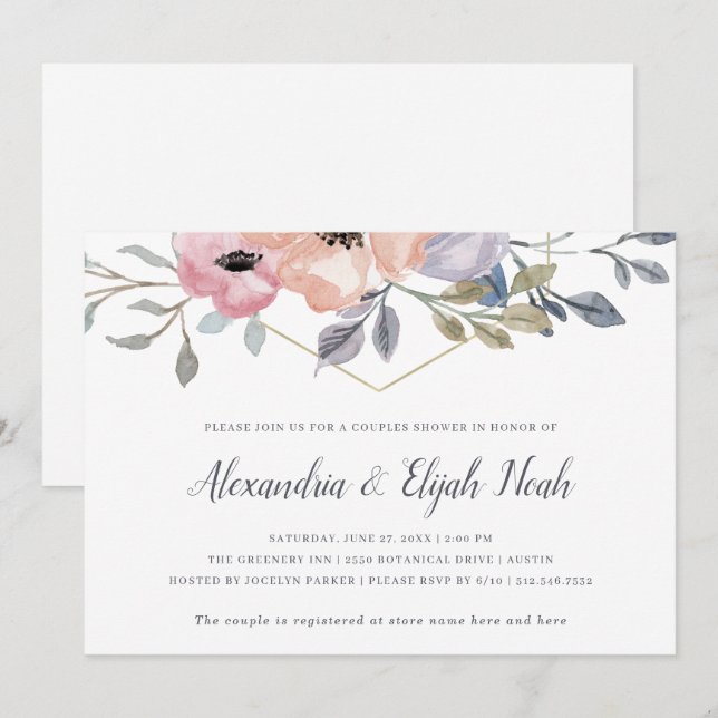 White | Pink Rose Geometric Floral Couples Shower Invitation (Front/Back)