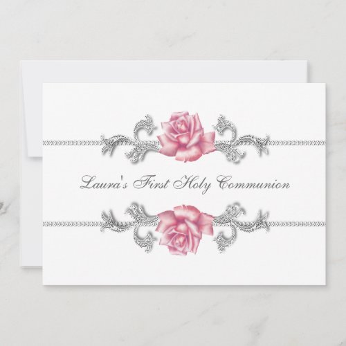 White Pink Rose Girls First Communion Invitation