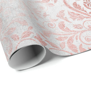 White Pink Rose Gold Floral Grungy Metallic Gray Wrapping Paper