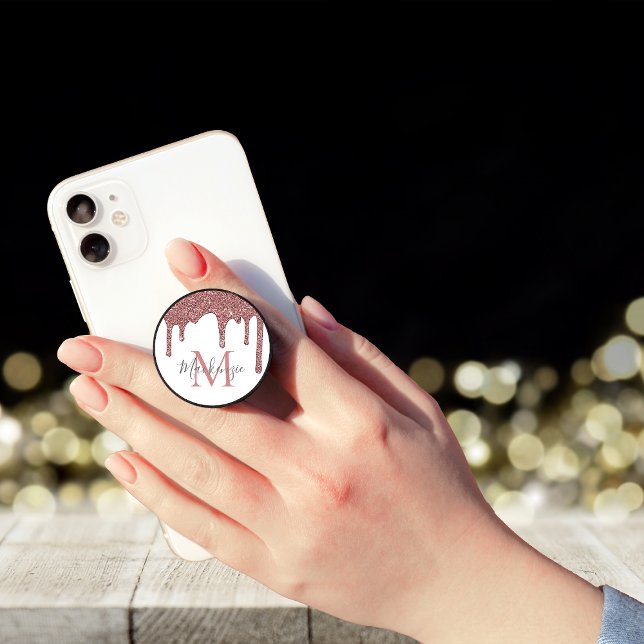 White Pink Rose Gold Glitter Drip Sparkle Monogram PopSocket (Creator Uploaded)