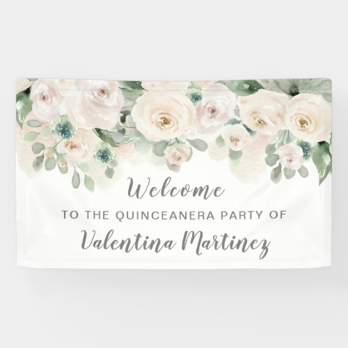White Pink Rose Quinceanera Party Welcome Banner