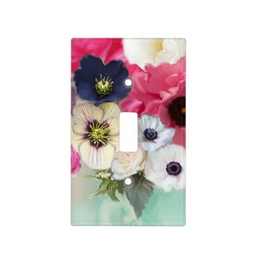 WHITE PINK ROSES AND ANEMONE FLOWERS Fuchsia Teal Light Switch Cover