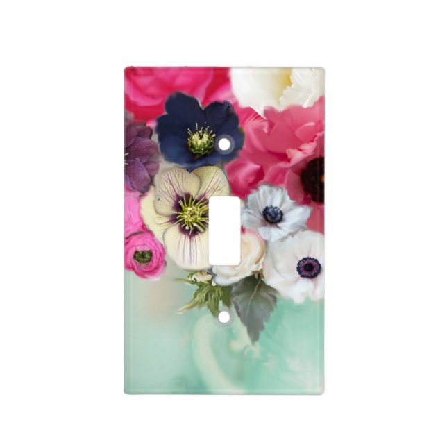 WHITE PINK ROSES AND ANEMONE FLOWERS ,Fuchsia Teal Light Switch Cover (Front)