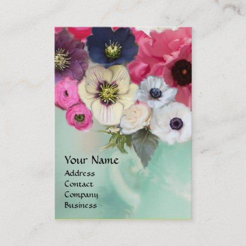 WHITE PINK ROSES AND ANEMONE FLOWERS MONOGRAM BUSINESS CARD