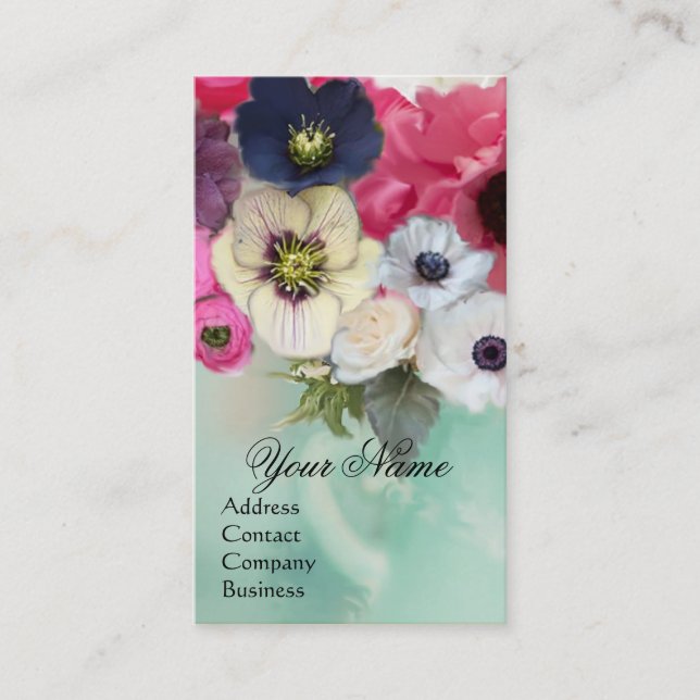 WHITE PINK  ROSES AND ANEMONE FLOWERS MONOGRAM BUSINESS CARD (Front)