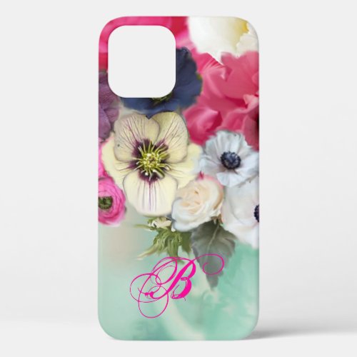 WHITE PINK ROSES AND ANEMONE FLOWERS MONOGRAM iPhone 12 PRO CASE
