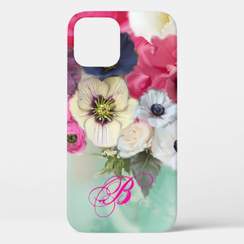 WHITE PINK ROSES AND ANEMONE FLOWERS MONOGRAM iPhone 12 CASE