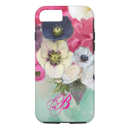 WHITE PINK ROSES AND ANEMONE FLOWERS MONOGRAM iPhone 87 CASE