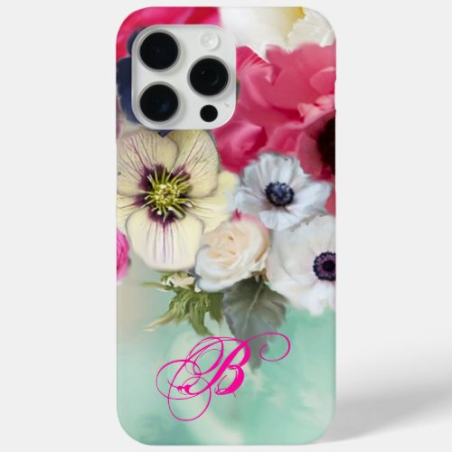 WHITE PINK ROSES AND ANEMONE FLOWERS MONOGRAM iPhone 15 PRO MAX CASE