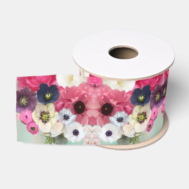WHITE PINK ROSES AND ANEMONE FLOWERS MONOGRAM GROSGRAIN RIBBON (Spool)