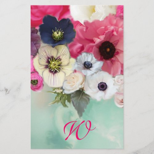 WHITE PINK ROSES AND ANEMONE FLOWERS MONOGRAM STATIONERY