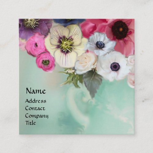 WHITE PINK ROSES AND ANEMONE FLOWERS SQUARE BUSINESS CARD