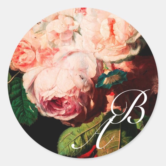 WHITE PINK ROSES AND MORNING GLORY MONOGRAM CLASSIC ROUND STICKER (Front)