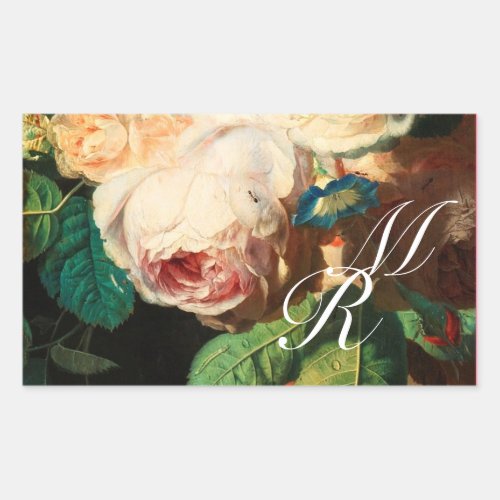 WHITE PINK ROSES AND MORNING GLORY MONOGRAM RECTANGULAR STICKER