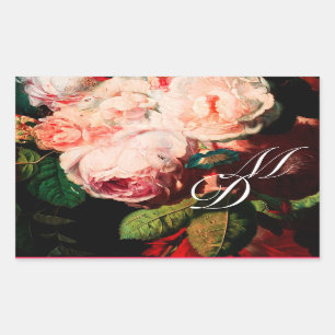 WHITE PINK ROSES AND MORNING GLORY MONOGRAM RECTANGULAR STICKER