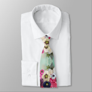 WHITE PINK ROSES ,ANEMONE FLOWERS,AQUA BLUE FLORAK NECK TIE