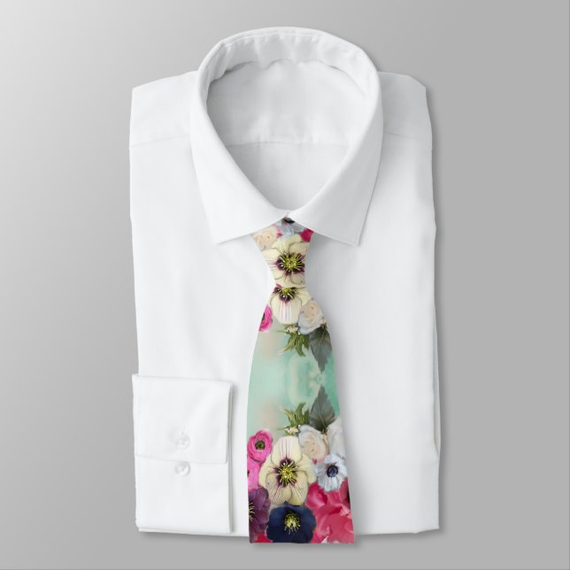 WHITE PINK ROSES ,ANEMONE FLOWERS,AQUA BLUE FLORAK NECK TIE (Tied)