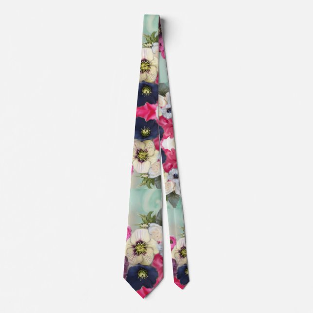 WHITE PINK ROSES ,ANEMONE FLOWERS,AQUA BLUE FLORAL NECK TIE (Front)