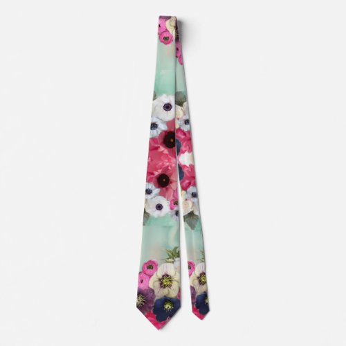 WHITE PINK ROSES ANEMONE FLOWERS TEAL AQUA BLUE NECK TIE