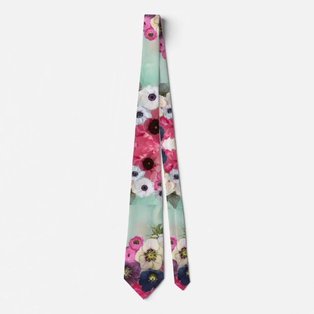 WHITE PINK ROSES ,ANEMONE FLOWERS TEAL AQUA BLUE NECK TIE (Front)